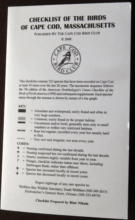 Cape Cod Birds Checklist